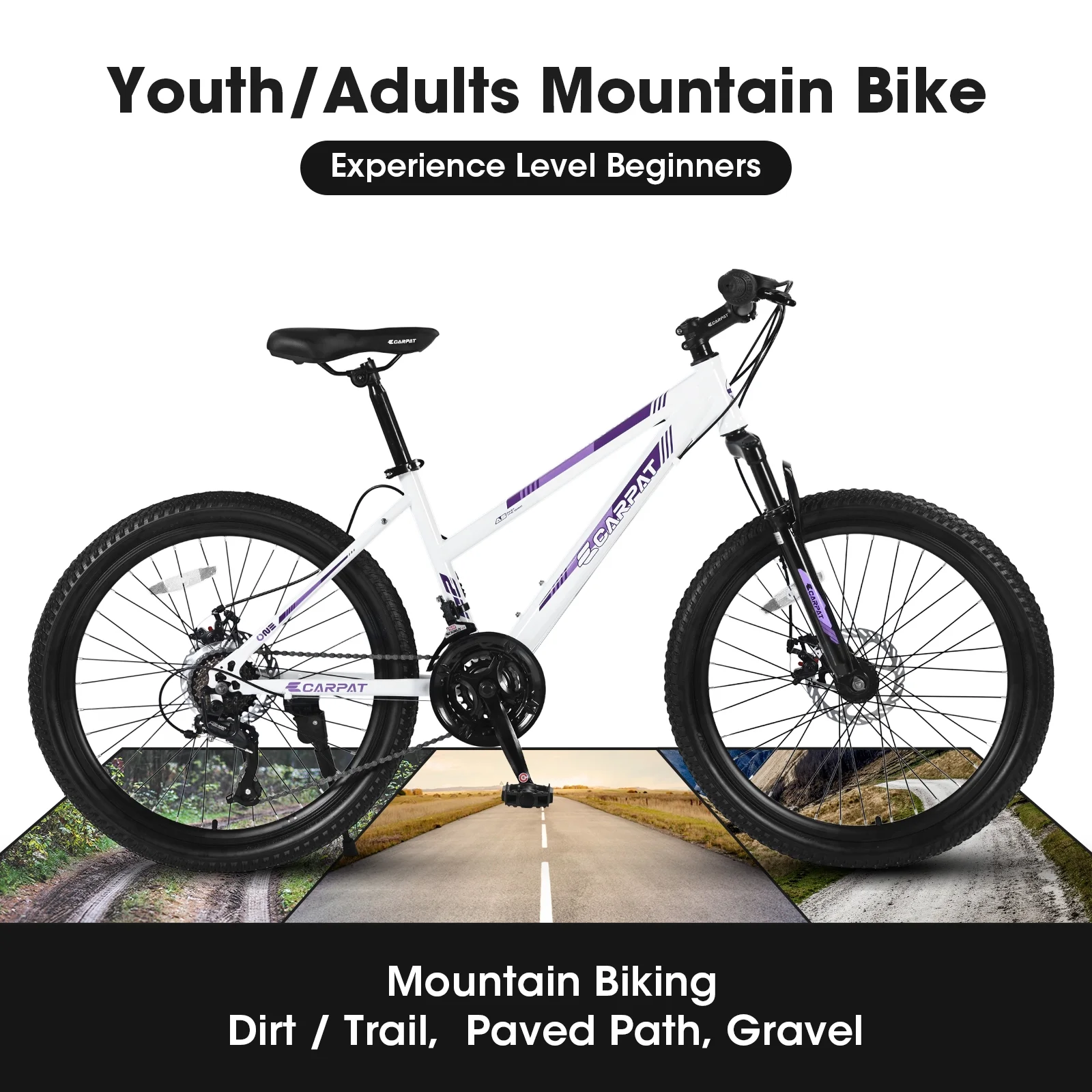 Okimo 24in Mountain Bike 21-Speed Adjustable Mountain Bike Aluminum Frame Bicycles with Height Adjustable and Comfortable Seats for Teenagers Girls Women, White