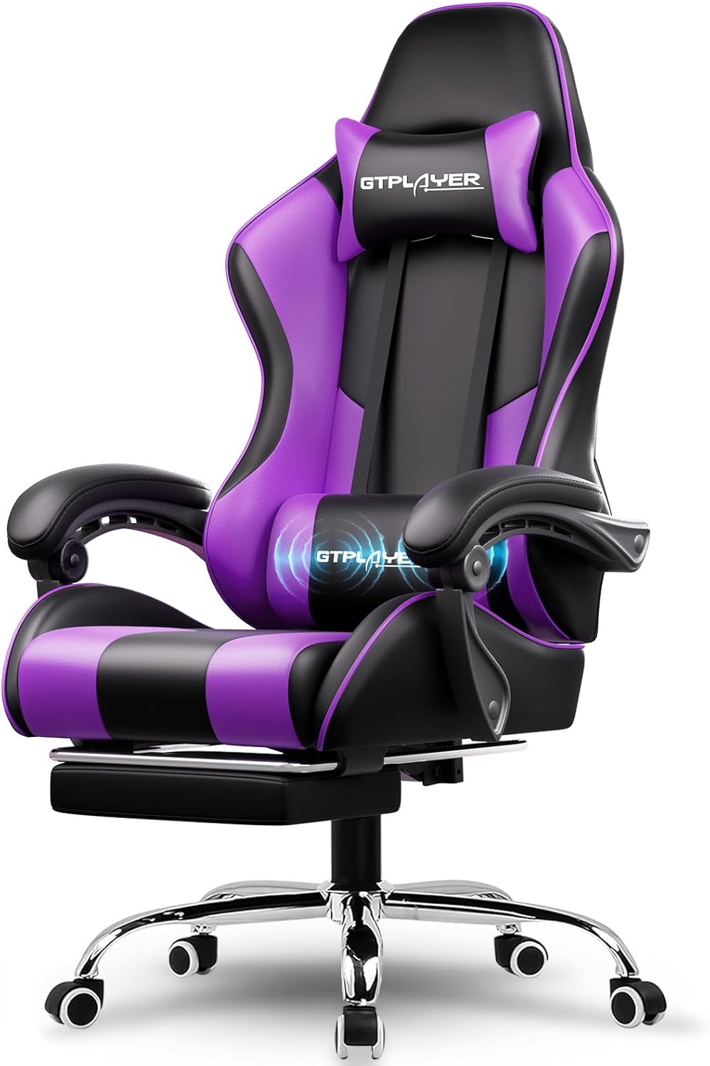 GTPLAYER Gaming Chair with Footrest and Lumbar Support – Ergonomic Computer Chair with Headrest, 360° Swivel, Height Adjustable, White