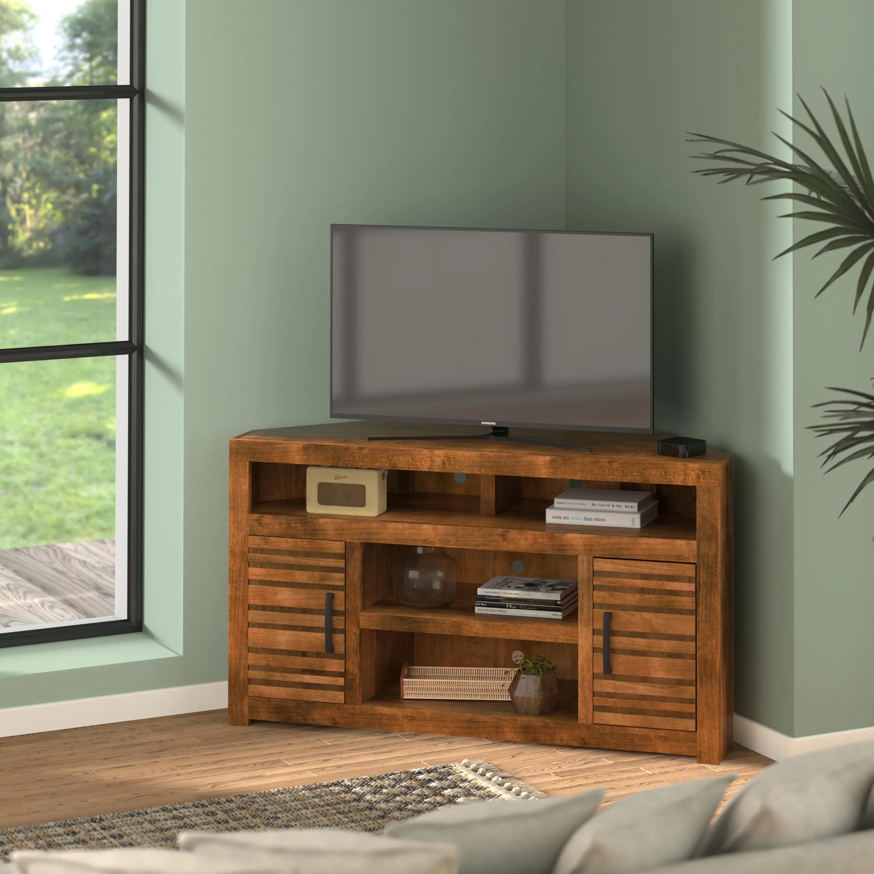 Bridgevine Home Sausalito 52 inch Corner TV Stand for TVs up to 55 inches, No Assembly Required, Whiskey Finish
