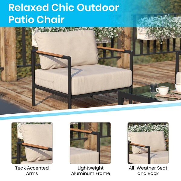 Aluminum Frame Patio Chair with Teak Arm Accents and Plush Cushions