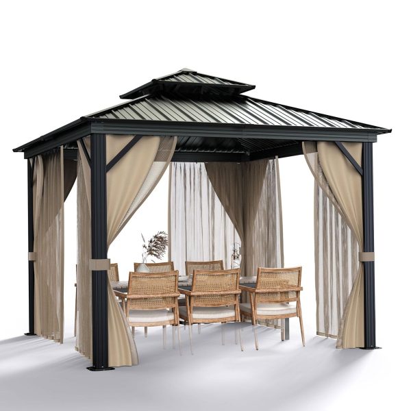 2026 10’x10′ Hardtop Gazebo with double metal roof, aluminum frame, net, and curtain. All-weather, ideal for patio, deck, garden, backyard. Khaki.