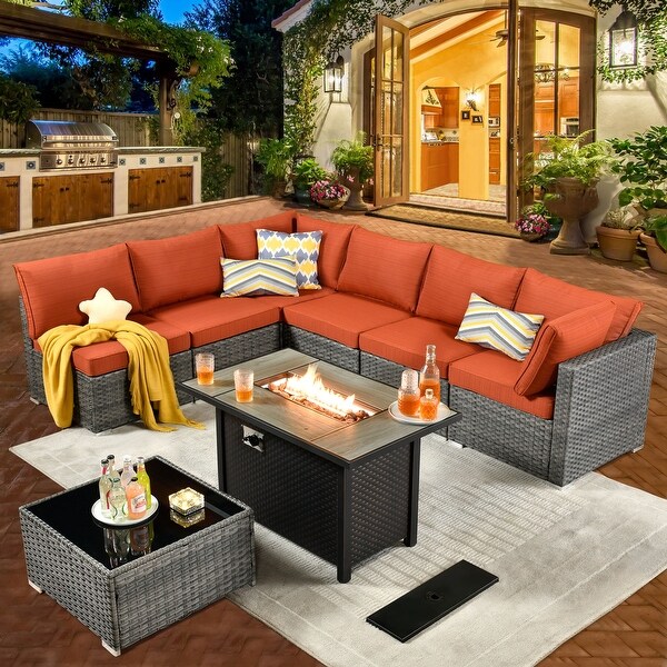 HOOOWOOO 8piece Patio Furniture Set Wicker Sectional Sofa with Fire Pit Table