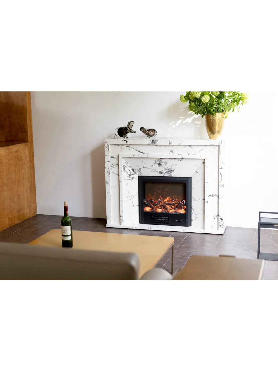 GA035 - Bulgari Ash Grey Marble! Lifelike Fire Smart Fireplace Speaker with Heating Hall Storage Side Cabinet