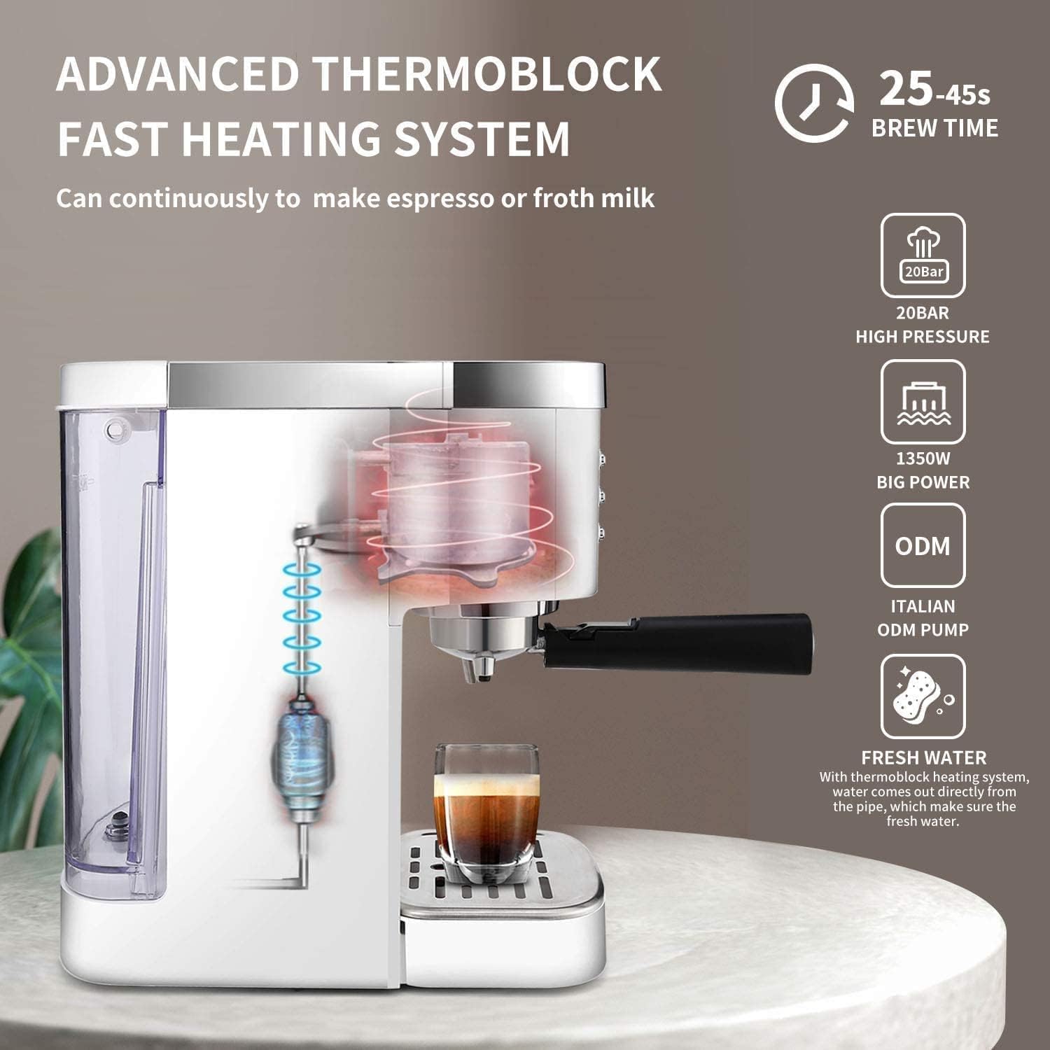 Espresso machine with milk frother, 1.2L water tank, 1350W