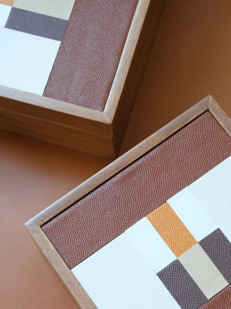 DC170 (Set) - HERME* Wood / Top layer leather patchwork makeup mirror large-capacity jewelry box ear stud storage box
