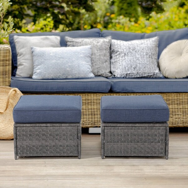 Patio 2 pieces Wicker Cushioned Ottoman