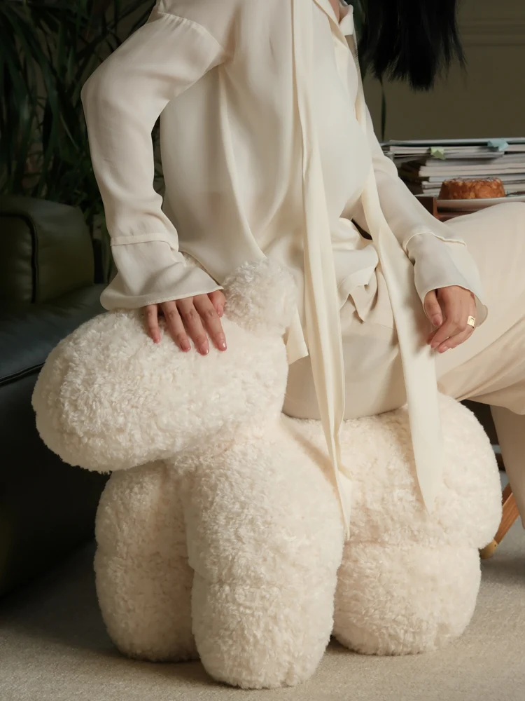 CH042 (Milk White) - Vintage Pony Chair Cream White Mumbai Imitation Sheepskin Scroll Small Pony Chair Leisure Seat Footstool