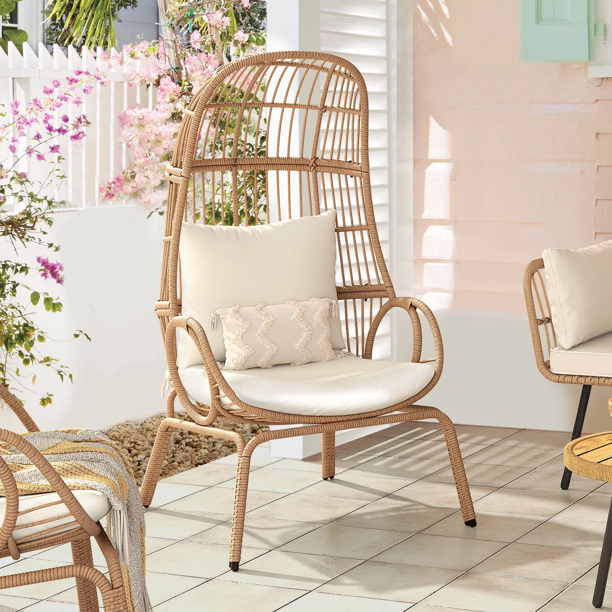 DWVO Wicker Egg Chair Oversized Indoor Outdoor Patio Lounger w/ Steel Frame, 440lb Capacity -Beige