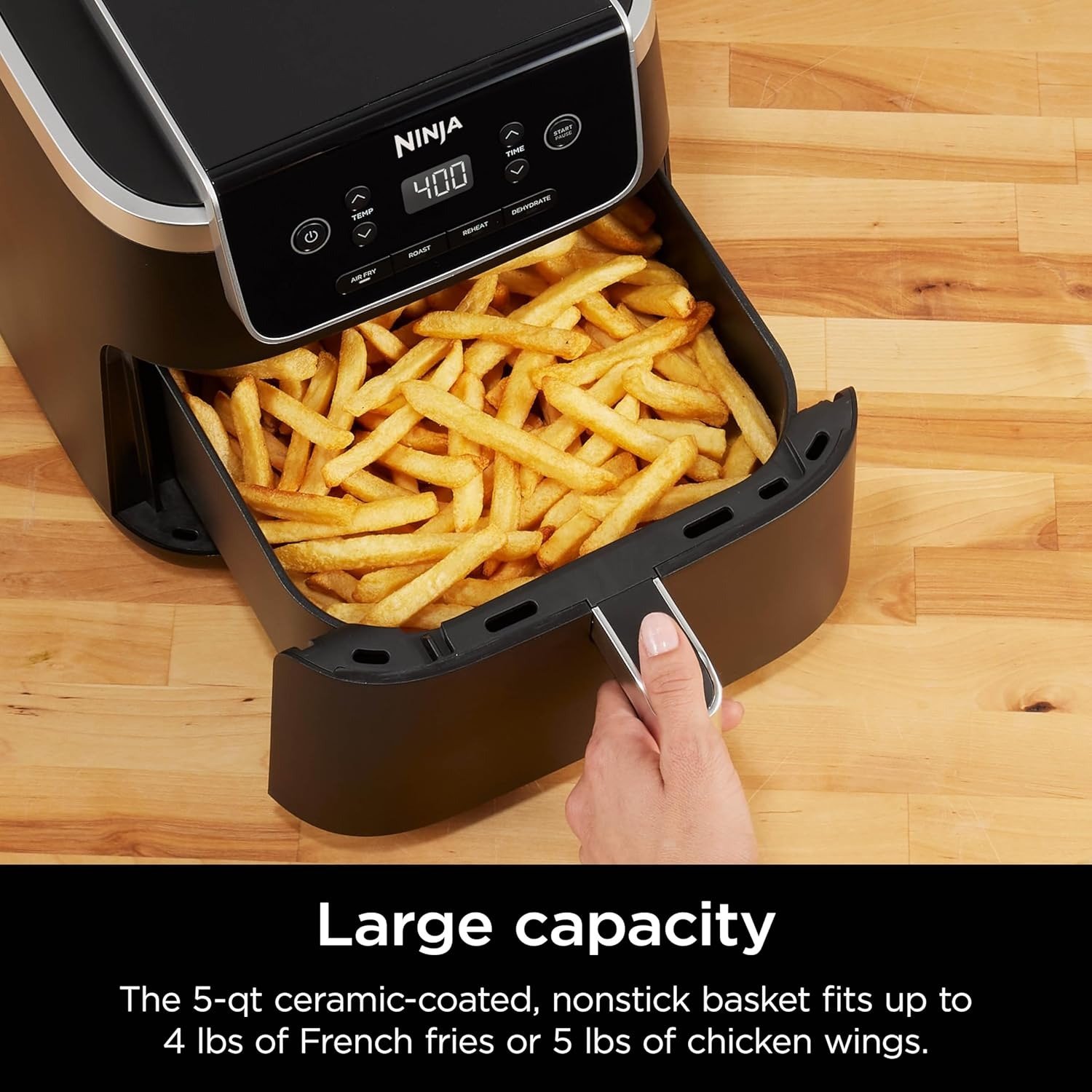 Air Fryer with Air Crisp | 5 QT Capacity fits up to 4lbs of Fries | 4-in-1 Pro Air Fry, Roast, Reheat, Dehydrate | 400°F Max Temp | 1750 Watts | W/Nonstick Basket & Crisper Plate