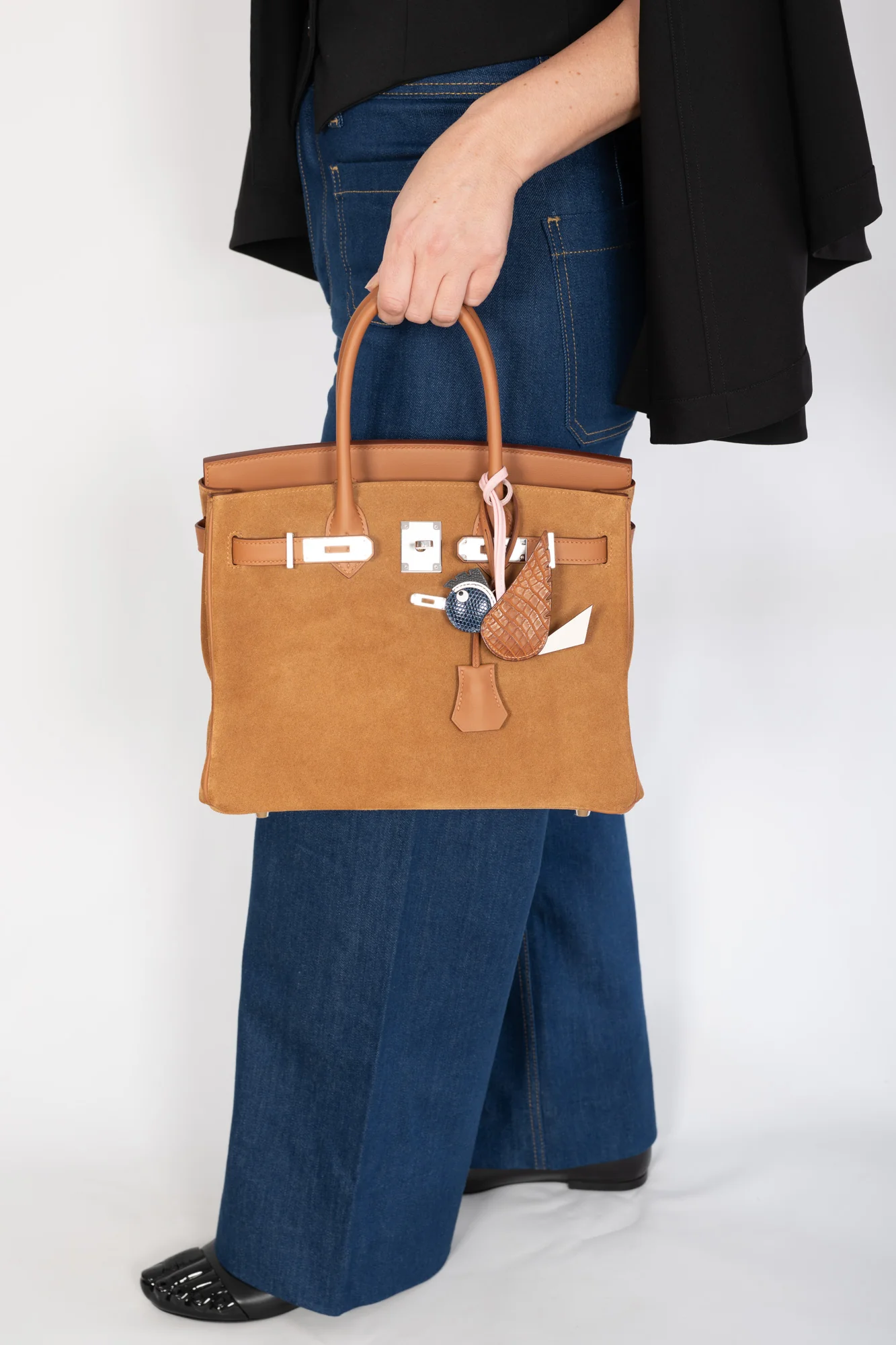 Hermès Birkin 30 Grizzly Chamois Veau Doblis Suede and Alezan Swift with Gold Hardware