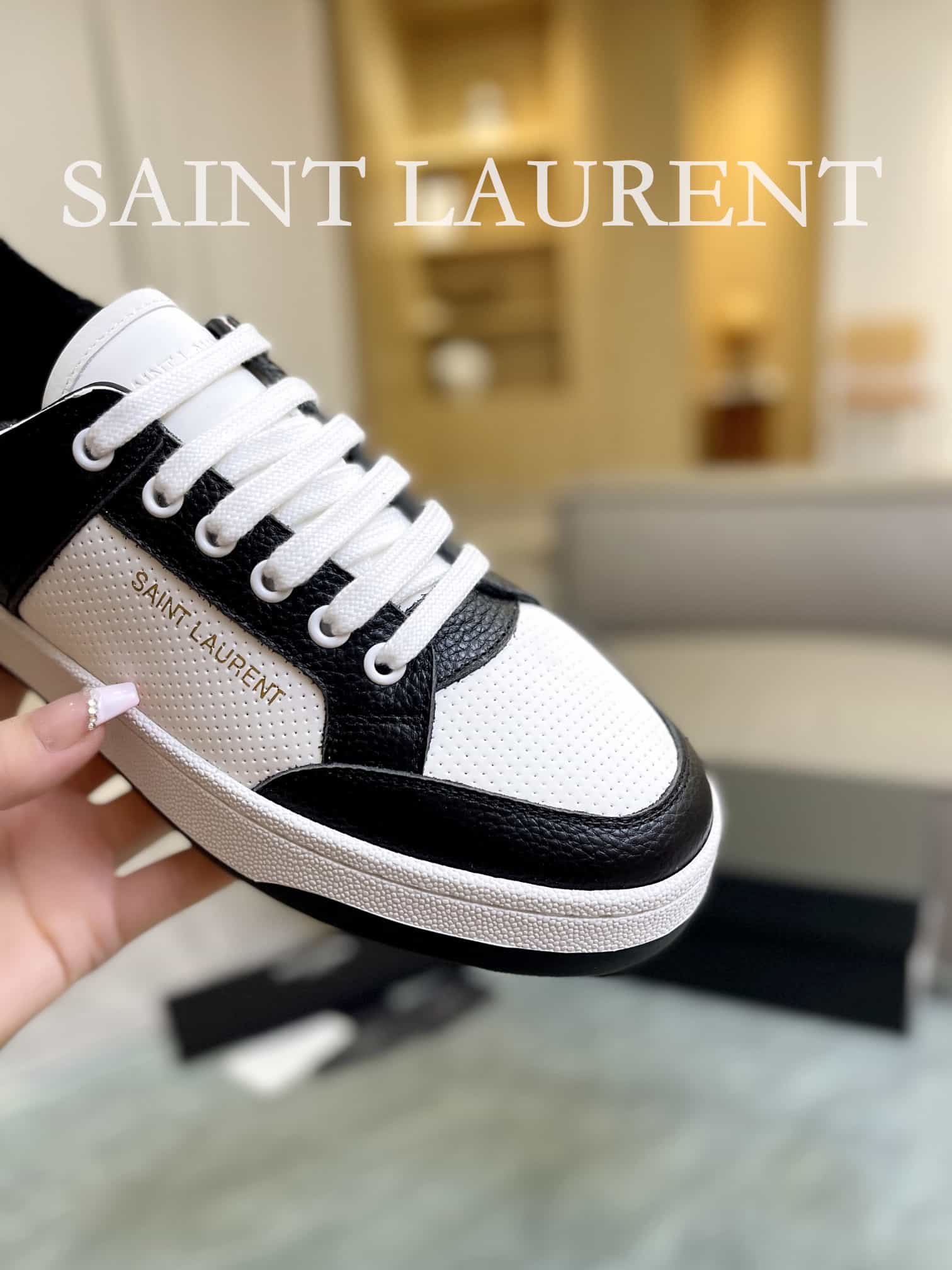 Saint Laurent Perforated Leather Sneakers Black And White