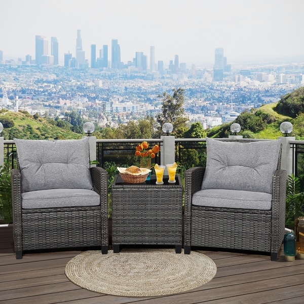 Gymax 3PCS Patio Rattan Sofa Set Outdoor Wicker Conversation Set Glass