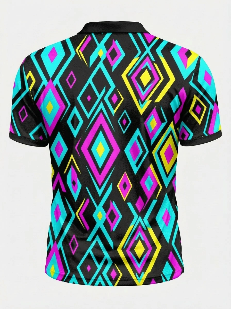 Moisture Wicking Golf Polo 3D Black Teal Pink Yellow Diamond Button Short Sleeve Golf Polo Shirt