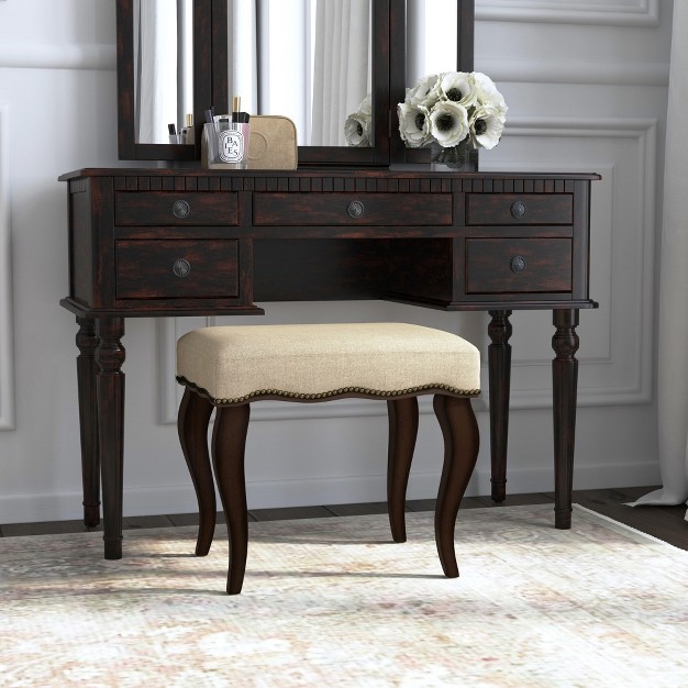Hamilton Backless Upholstered Wood Vanity Stool Burnished Oak cream Hillsdale Furniture