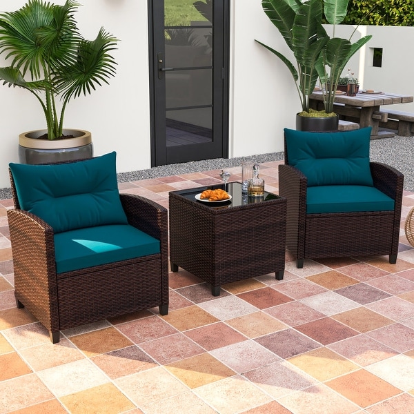 3 Pieces Rattan Patio Furniture Set with Washable Cushion