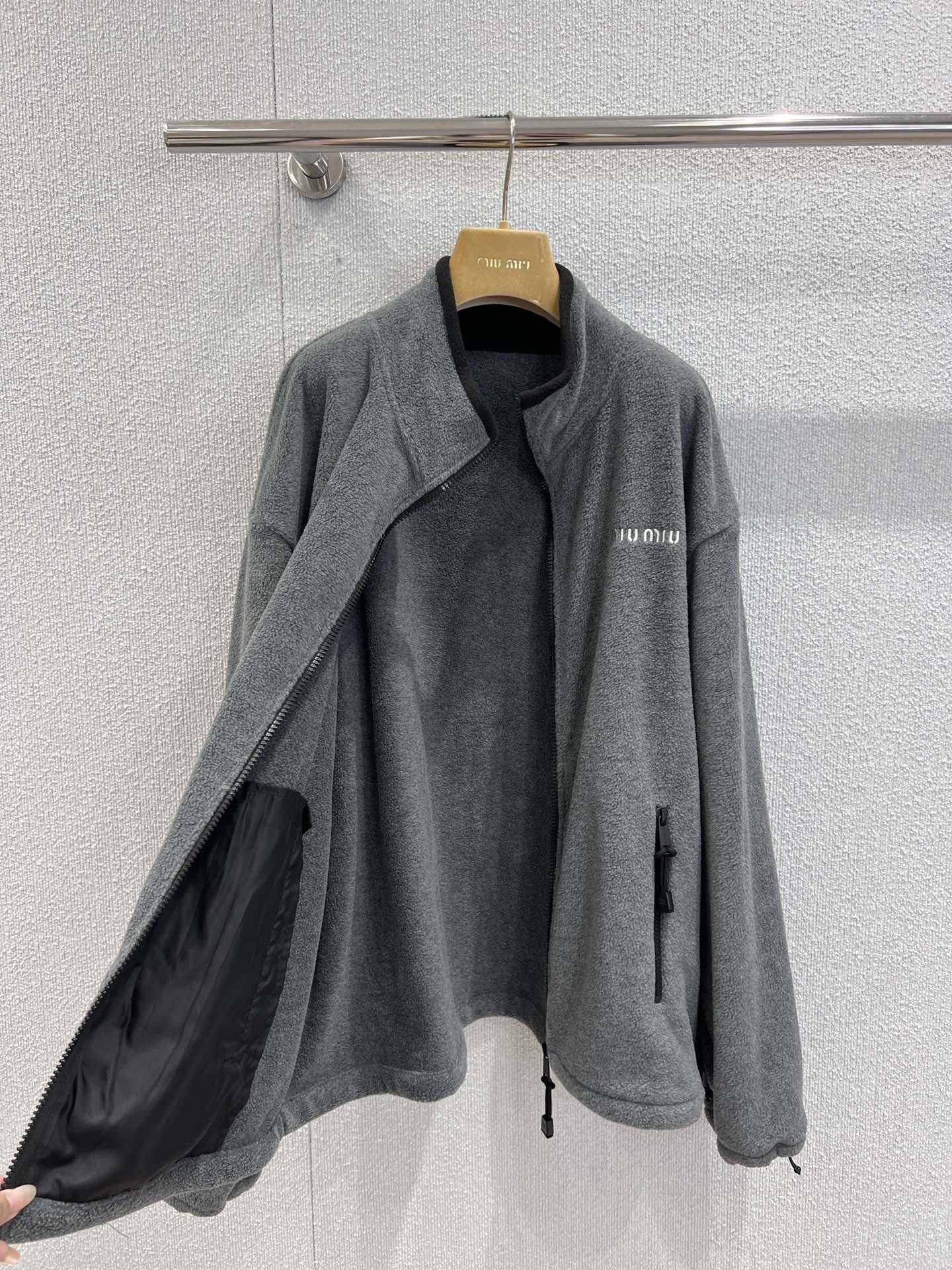Miu Miu Logo-Embroidered Grey Polar Fleece Jacket - cnluxepick