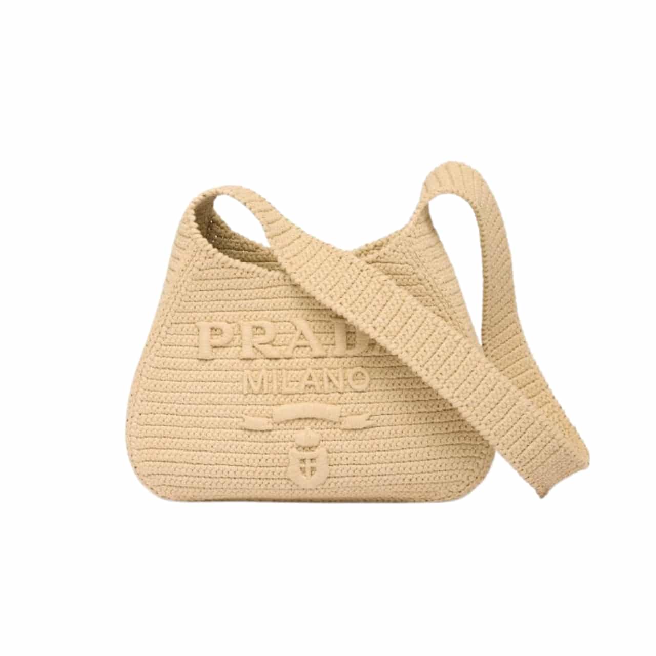 Prada Logo Embossed Raffia Shoulder Bag Beige 33Cm