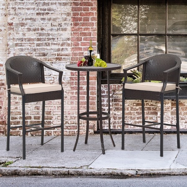 3Piece Outdoor Wicker Patio Bar Stools with Table Set