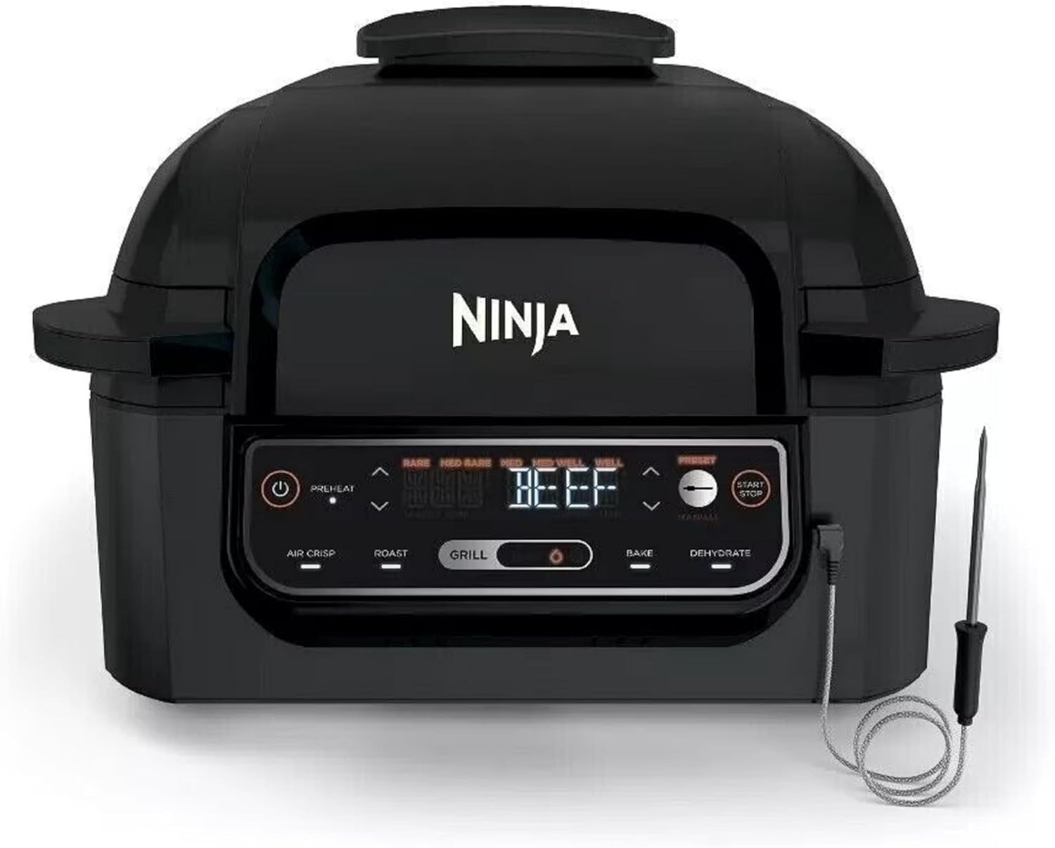 5-in-1 4QT Indoor Grill Air Fryer, Integrated Smart Probe, 500°F Cyclonic Heating, Ceramic Stainless Steel, 1760W