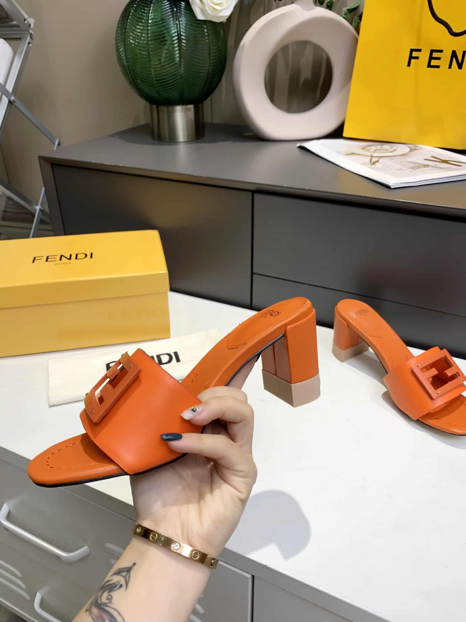 Fendi Signature Leather High Heel Orange