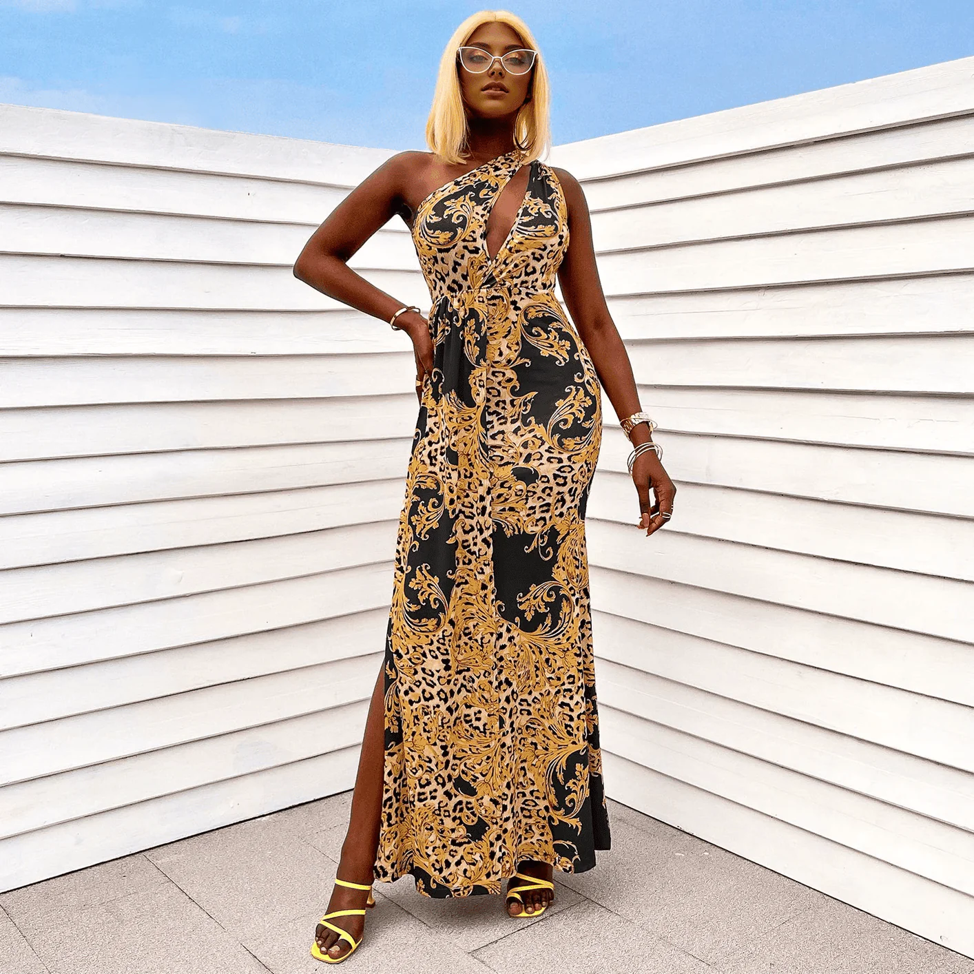 Cut Out Maxi Dress: Slant Shoulder Party GownClistos