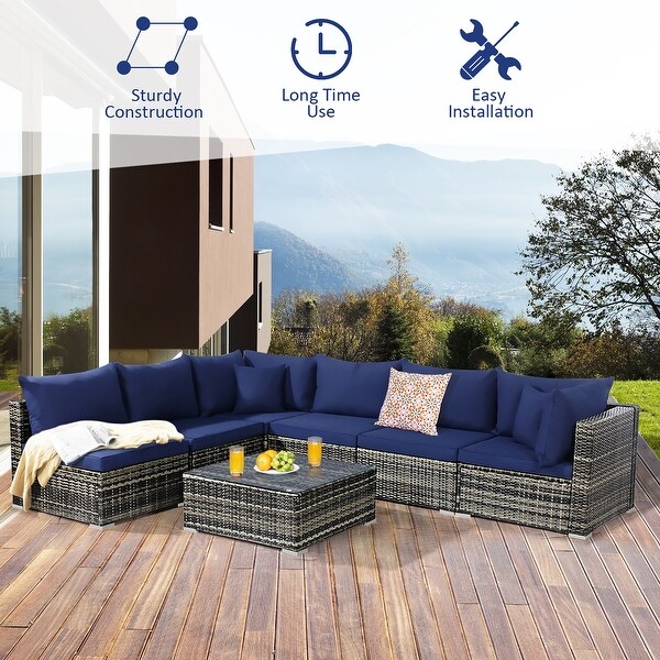 7PCS Patio Rattan Furniture Set Sectional Sofa Garden Cushion