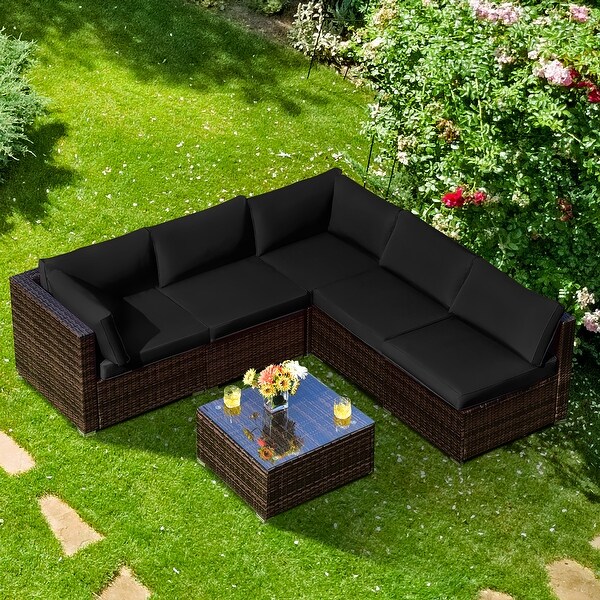 Costway 6PCS Patio Rattan Furniture Set Cushioned Sofa Coffee Table