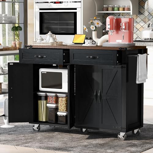 Kitchen Island Cart With Power Outlet, 2 Doors, Drop Leaf, Spice Rack, 2 Drawers - Rolling Storage Cart on Wheels for Home and Dining Room - White, 53.5