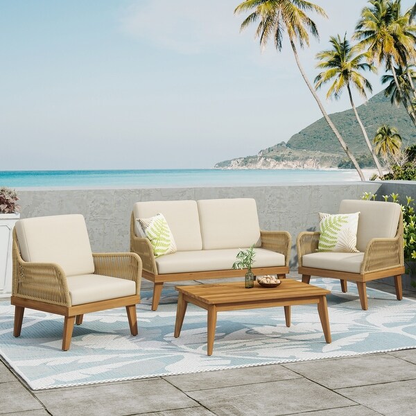 Outdoor Acacia Wood Chat Set with Coffee Table, Arm Chairs and Loveseat