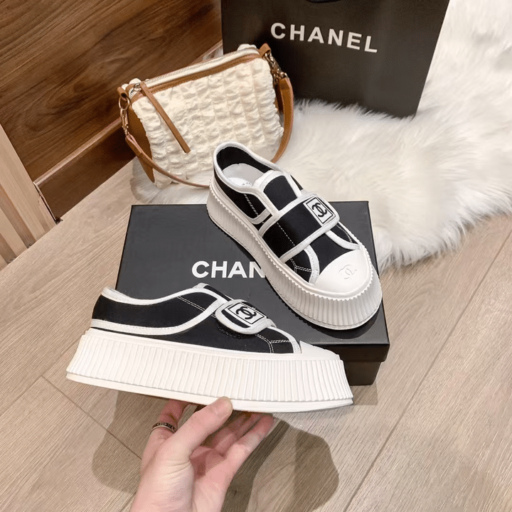 Chanel White Cc Cap Toe Slipon Sneaker Black