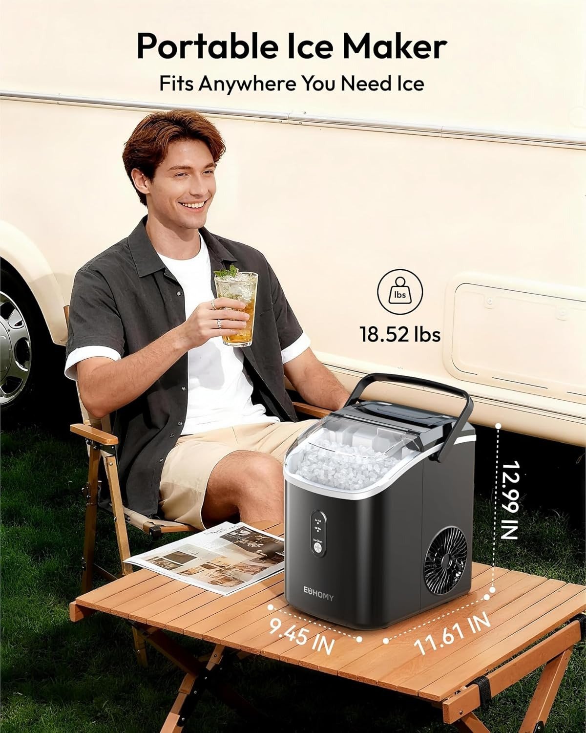 Nugget Ice Maker Countertop with Handle, Ready in 6 Mins, 38lbs/Day, Removable Top Cover, Self-Cleaning, Portable Chewable Ice Maker with Basket, Scoop, for Home/RV/Party/Camping (Black)