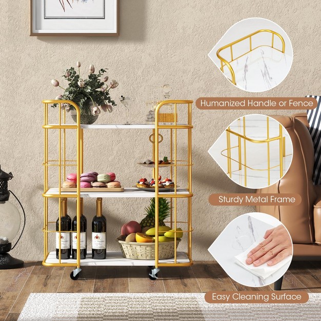Costway 3 tier Kitchen Storage Utility Cart Gold Rolling Bar Serving W lockable Casters