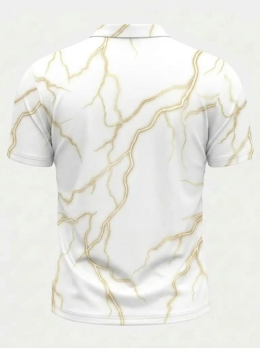Moisture Wicking Golf Polo 3D White Gold Marble Crack Texture Button Short Sleeve Golf Polo Shirt