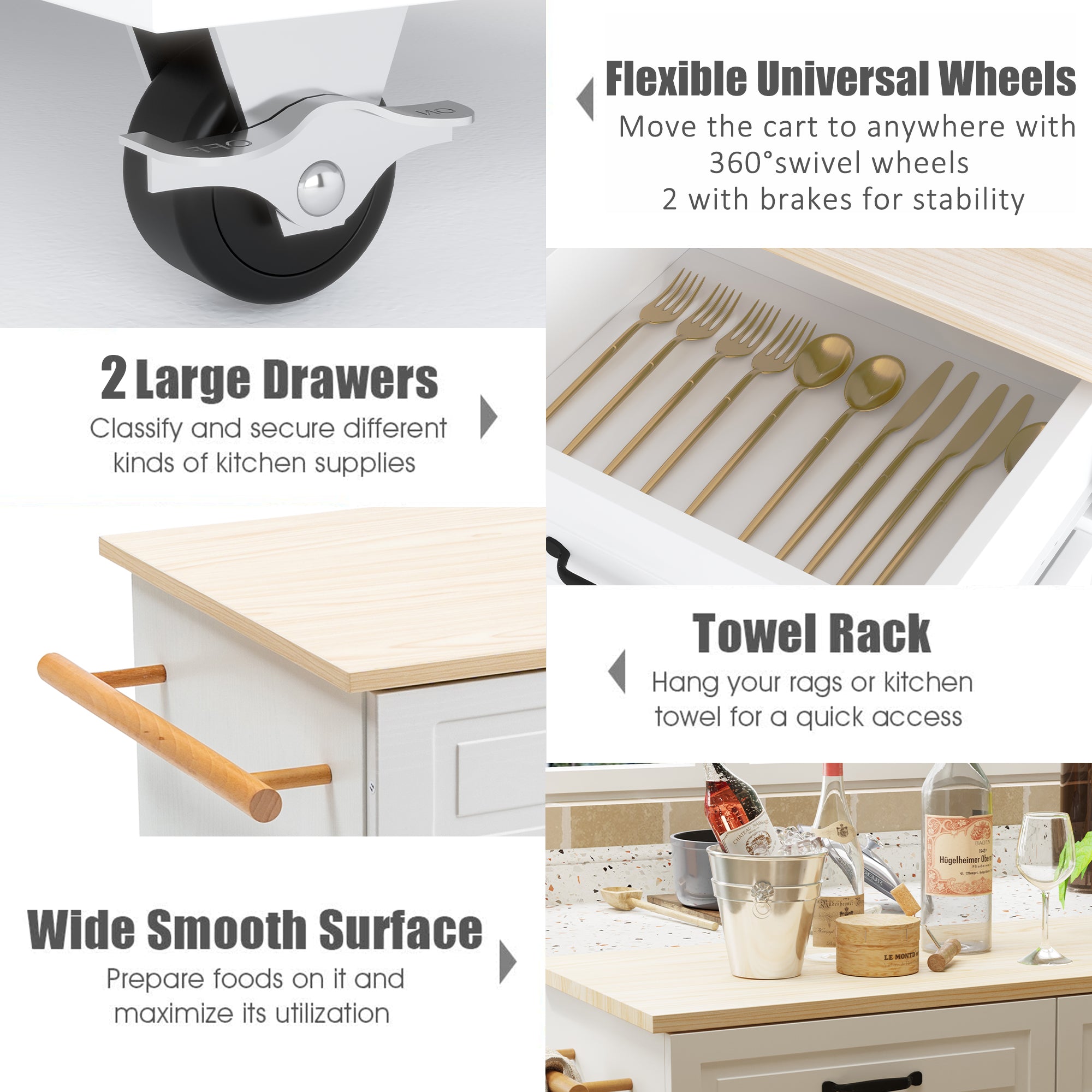 Prime Garden Kitchen Island Cart on Wheels with Drawer and Storage Shelves, White