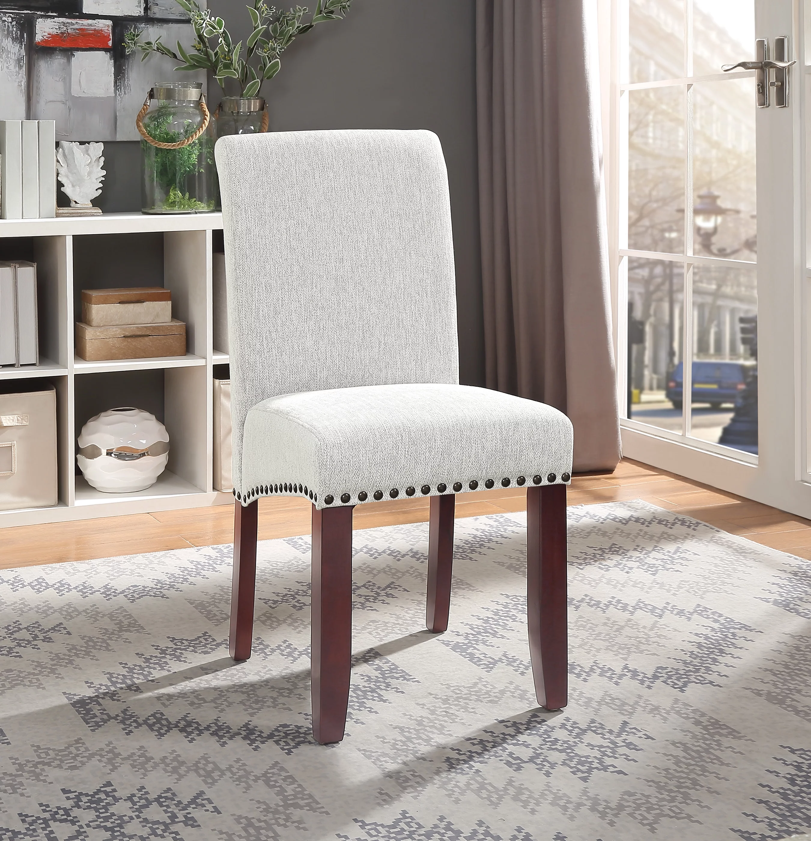 Parsons Dining Chair with Antique Bronze Nail Heads in Smoke Ash Fabric