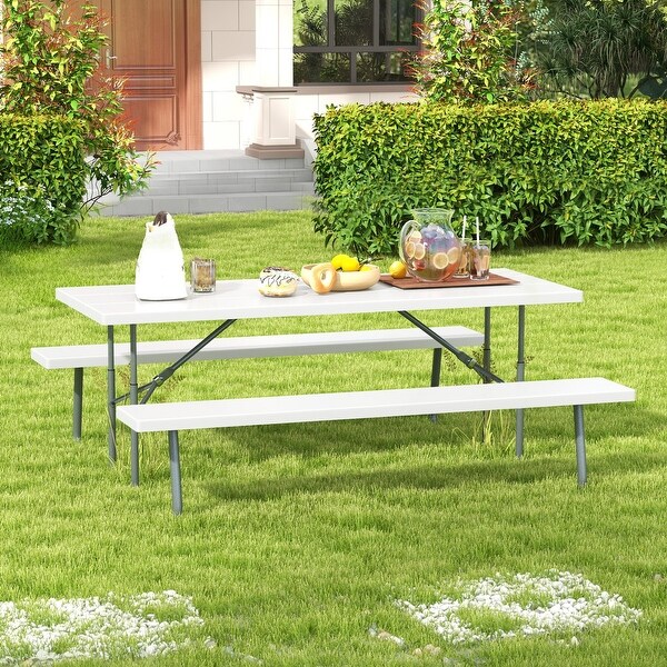 Folding Picnic Table Set with Metal Frame and AllWeather HDPE Tabletop,Umbrella Hole