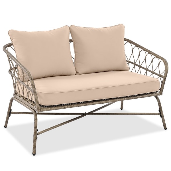 4Piece Wicker Patio Conversation Set with Beige Cushions,With Wood Tabletop
