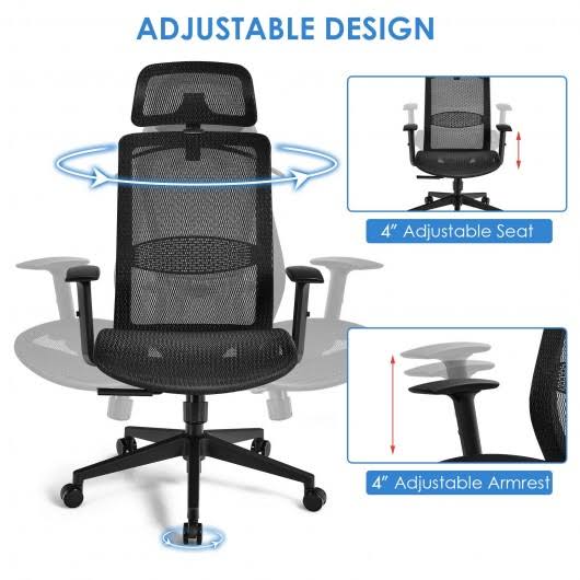 Height Adjustable Ergonomic High Back Mesh Office Chair with Hange-Black | Costway