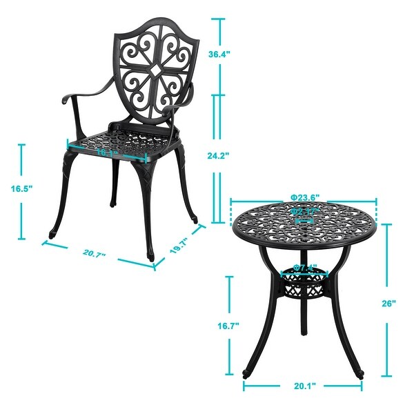 24 Inch Cast Aluminum Bistro Table with Umbrella Hole and 2 Bistro Chairs