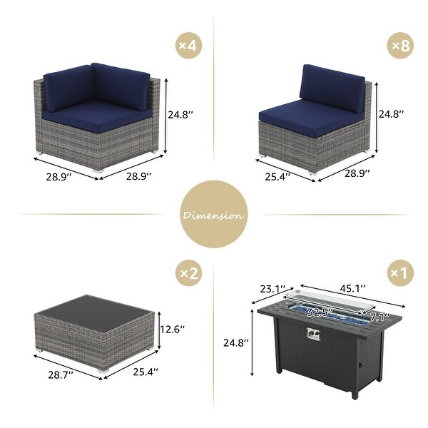 15 Piece Wicker Set Patio Sofa Furniture with Fire Pit And Table