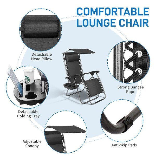 Patio Single Zero Gravity Folding Lounge Recliner Chair with Canopy and Cup Holder