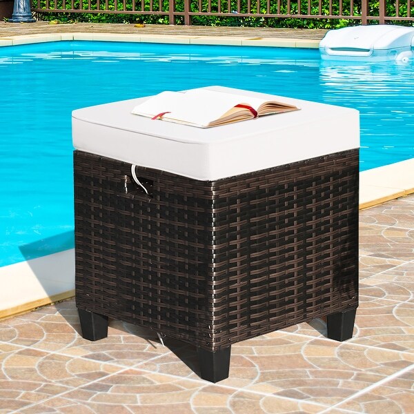 Costway 2PCS Patio Rattan Ottoman Cushioned Seat Beige