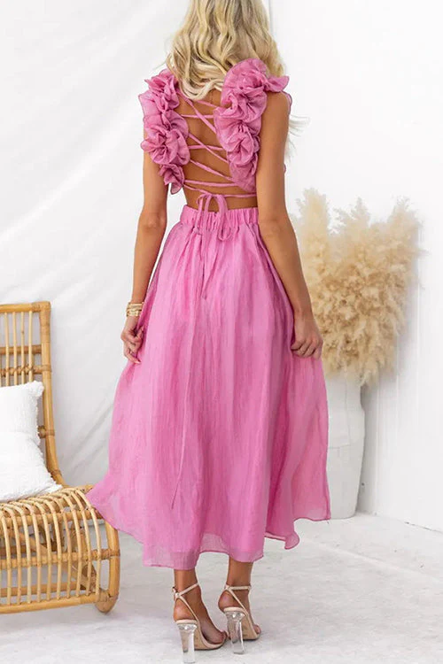 Backless Lace-Up Maxi Dress with Ruffle TrimClistos