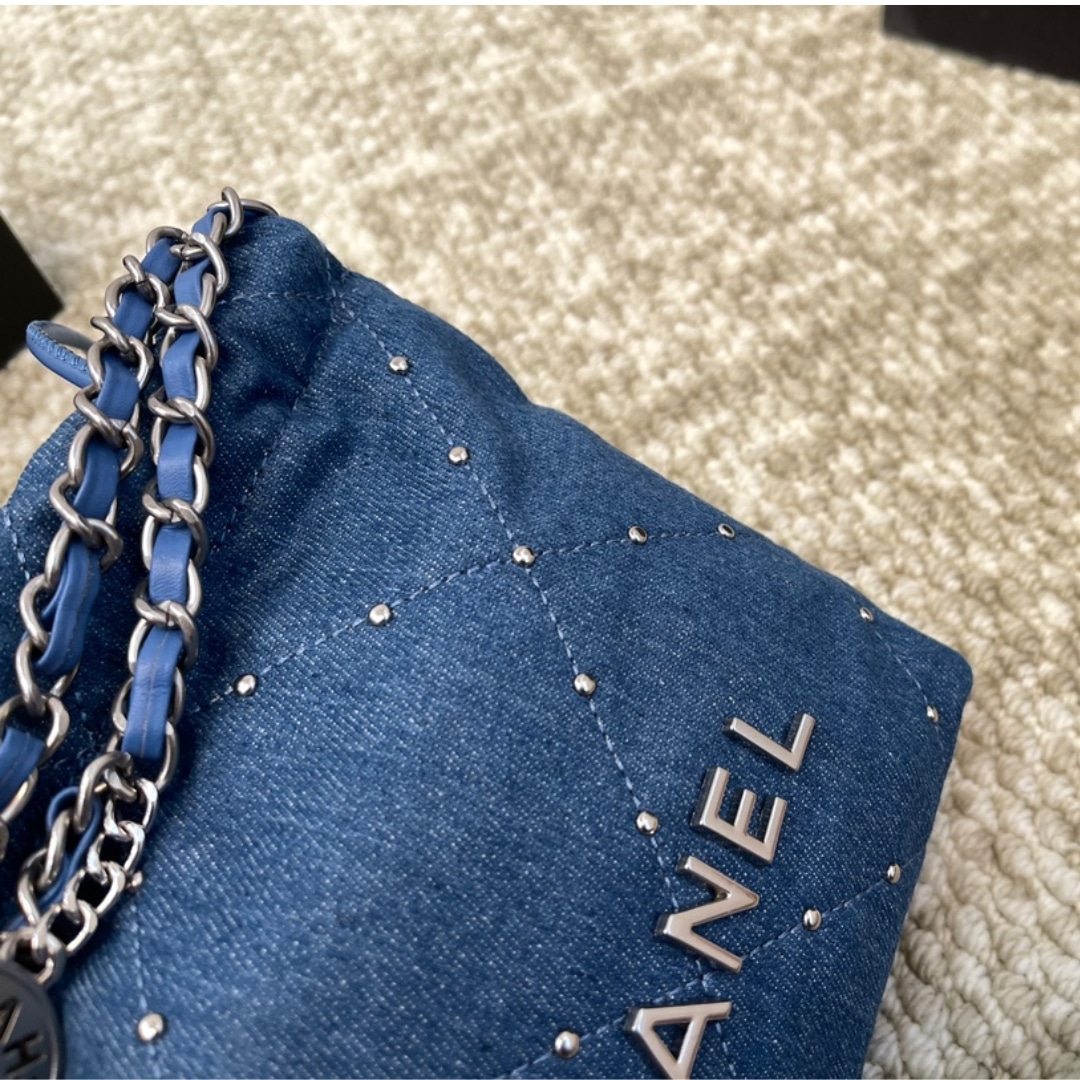 Chanel 22 Mini Handbag Washed Denim Silver Tone Metal Blue 17Cm As3980 B16649 Ny101
