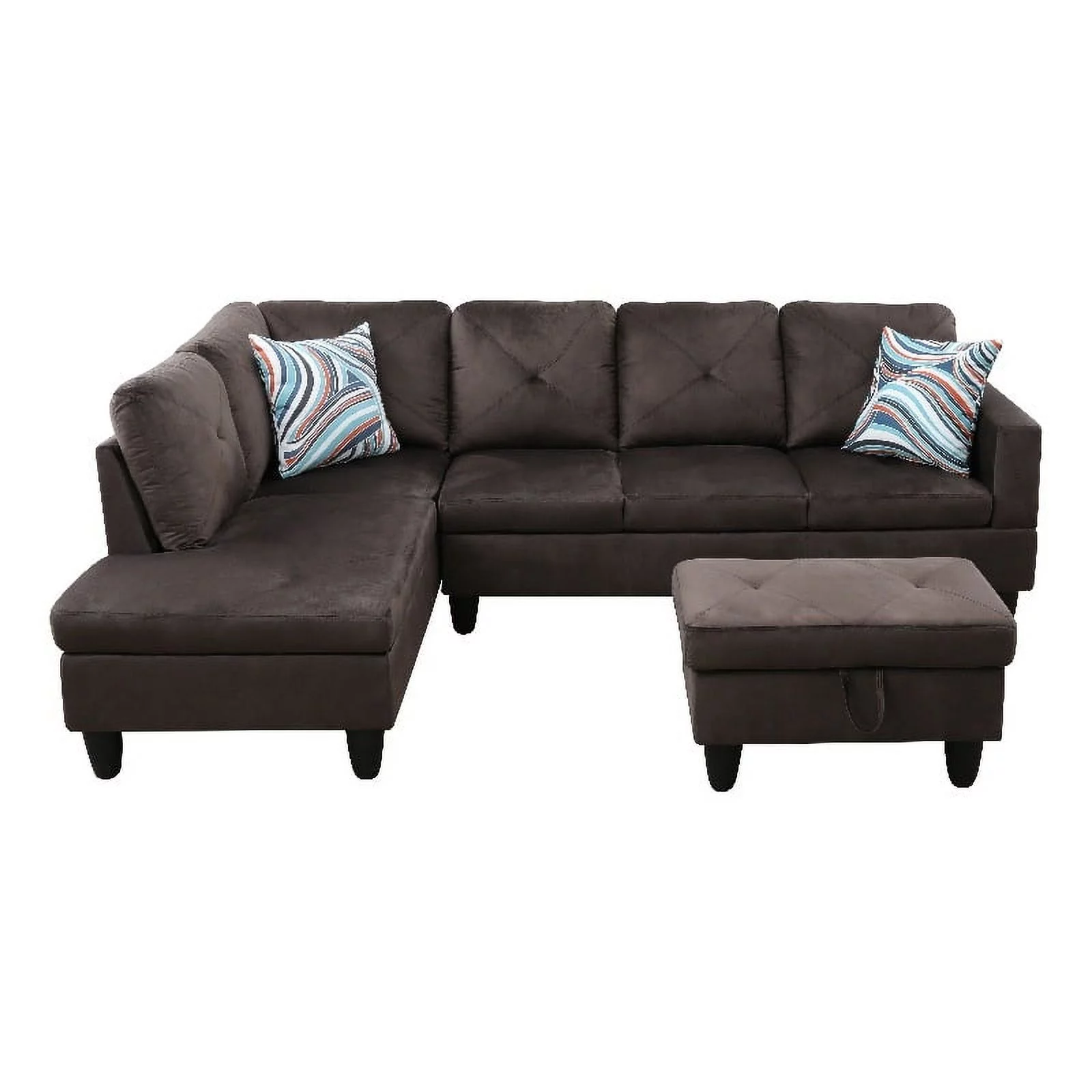Pemberly Row L Shaped Chocolate Couch with Ottoman(Pillows Included) Microfiber