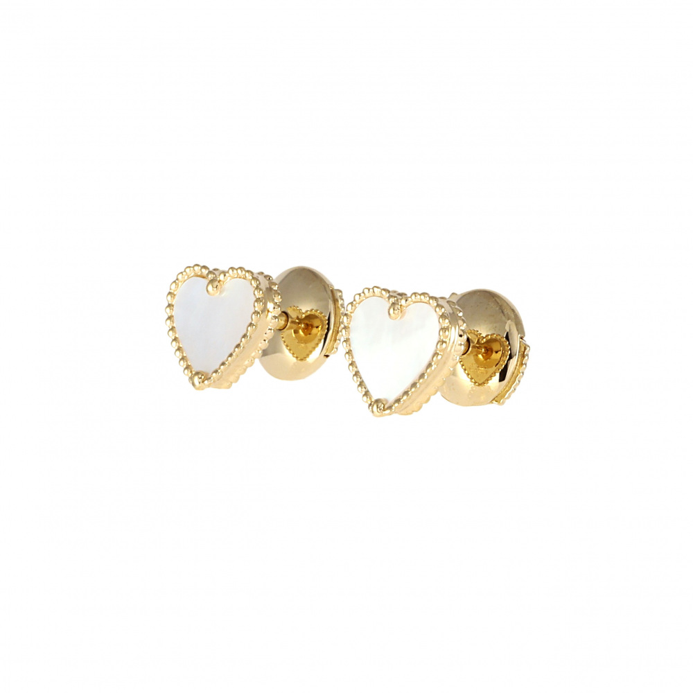 Van Cleef & Arpels Sweet Alhambra Heart Motif Earrings 18K Yellow Gold Mother of Pearl