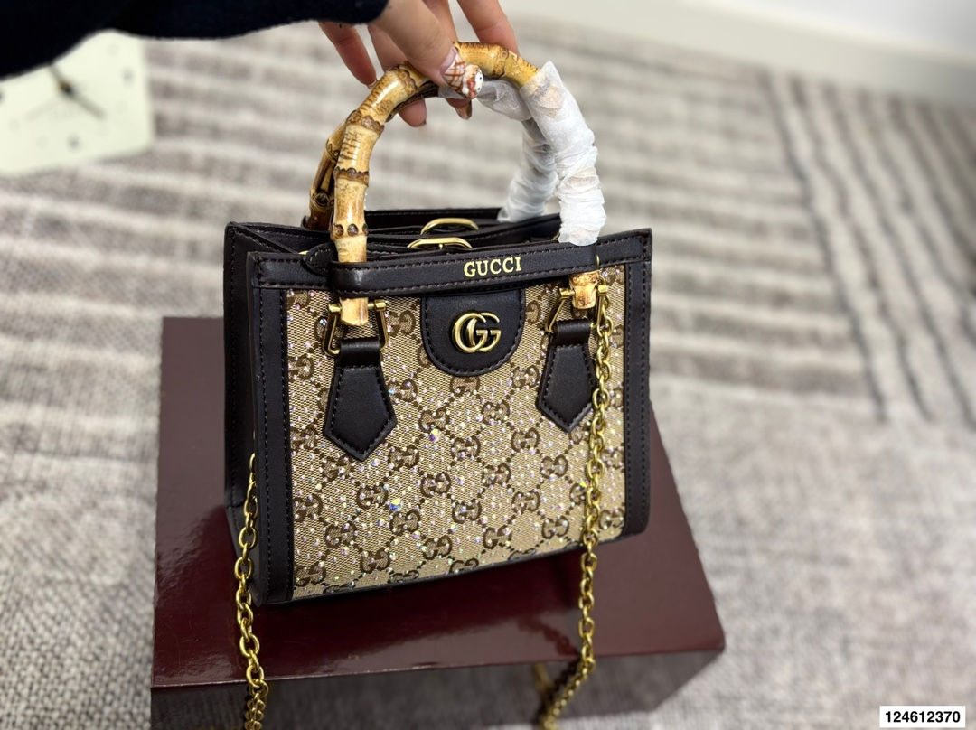 Gucci Diana Full Rhinestone Bamboo Handle Tote Bag - cnluxepick