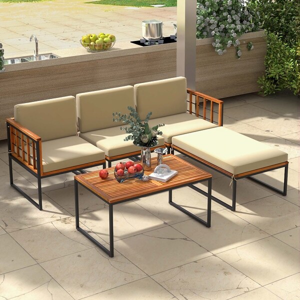 Costway 5 PCS Patio Furniture Set Acacia Wood Sectional Set with Seat
