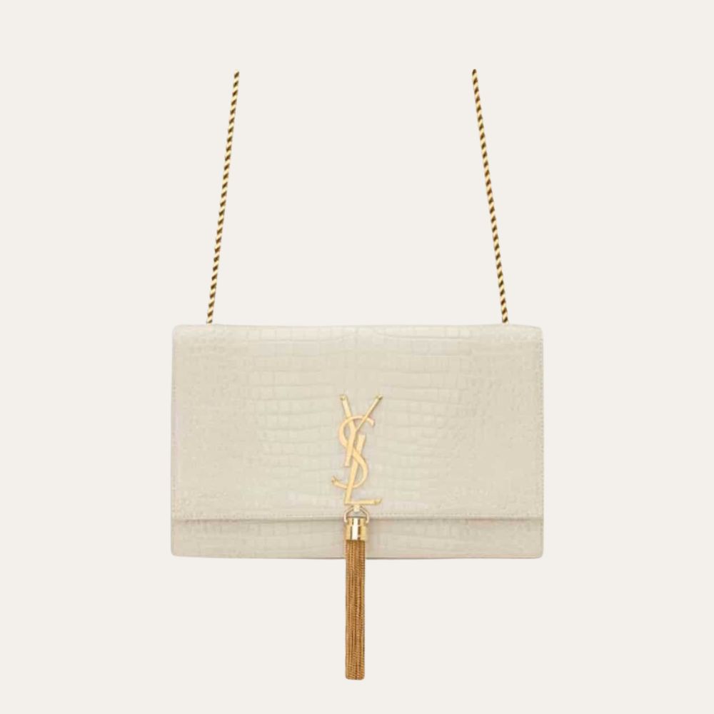 Saint Laurent Kate Medium Tassel In Crocodile White 9.4 Inches