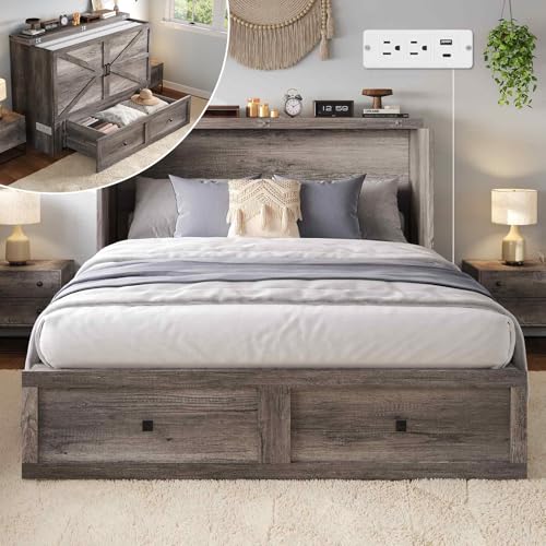 Full Size Murphy Bed with Charging Station, Cabinet Bed with Large Storage Drawer for Home Office or Small Room, Full Foldable Platform Bed, White